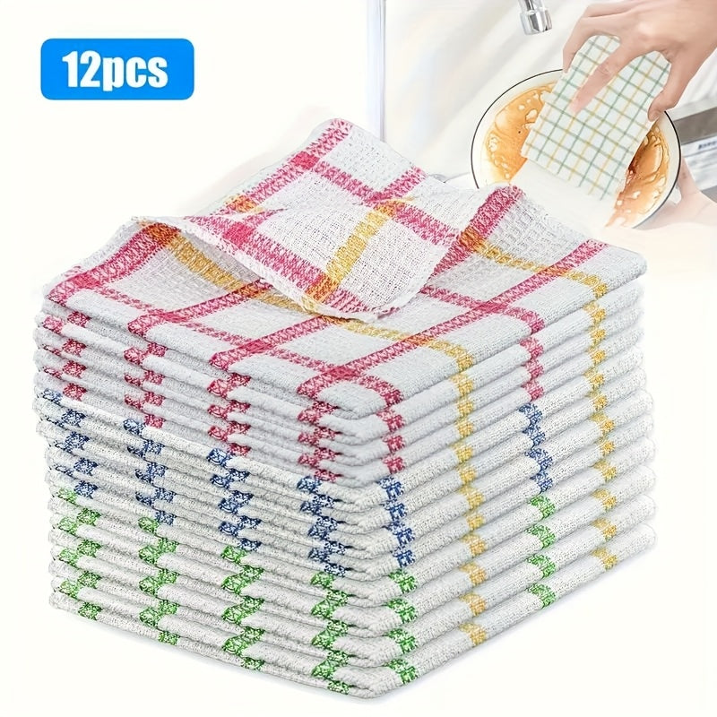 12-Pack Kitchen Dishcloths Double-Sided Reusable Cleaning Cloths – Highly Absorbent Cotton Dish Towels for Kitchen Surfaces & Wine Glass Cleaning, Non-Lint Multicolor Set