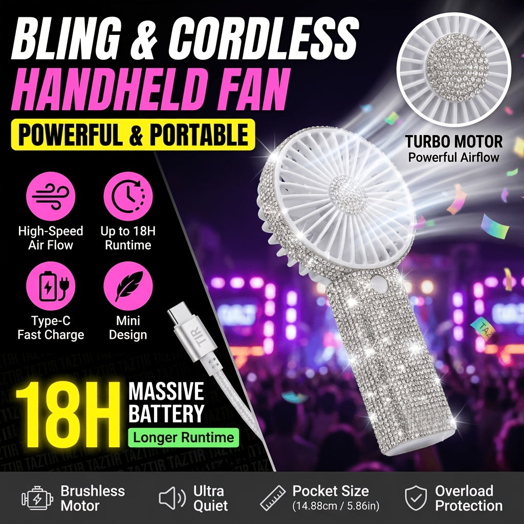 Rhinestone Handheld Fan Crystal Diamond Bling Mini Personal Fan USB Rechargeable 3-Speed for Women Girls Wedding Travel Outdoor Office