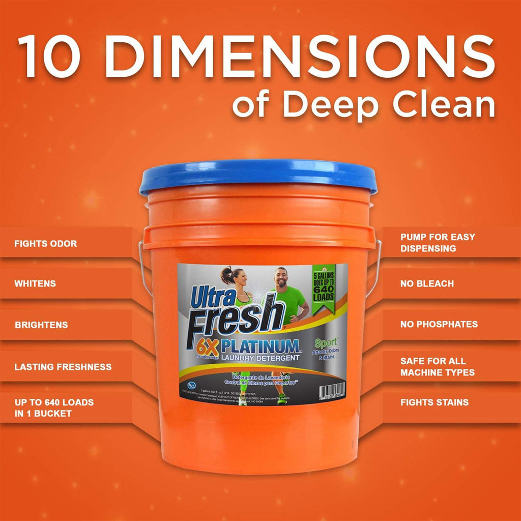 Ultra Fresh 6X Concentrated Liquid Laundry Detergent 5 Gallon with Pump, Up to 640 Loads HE Compatible All Machine Types, No Phosphates No Bleach, 4 Scent Options