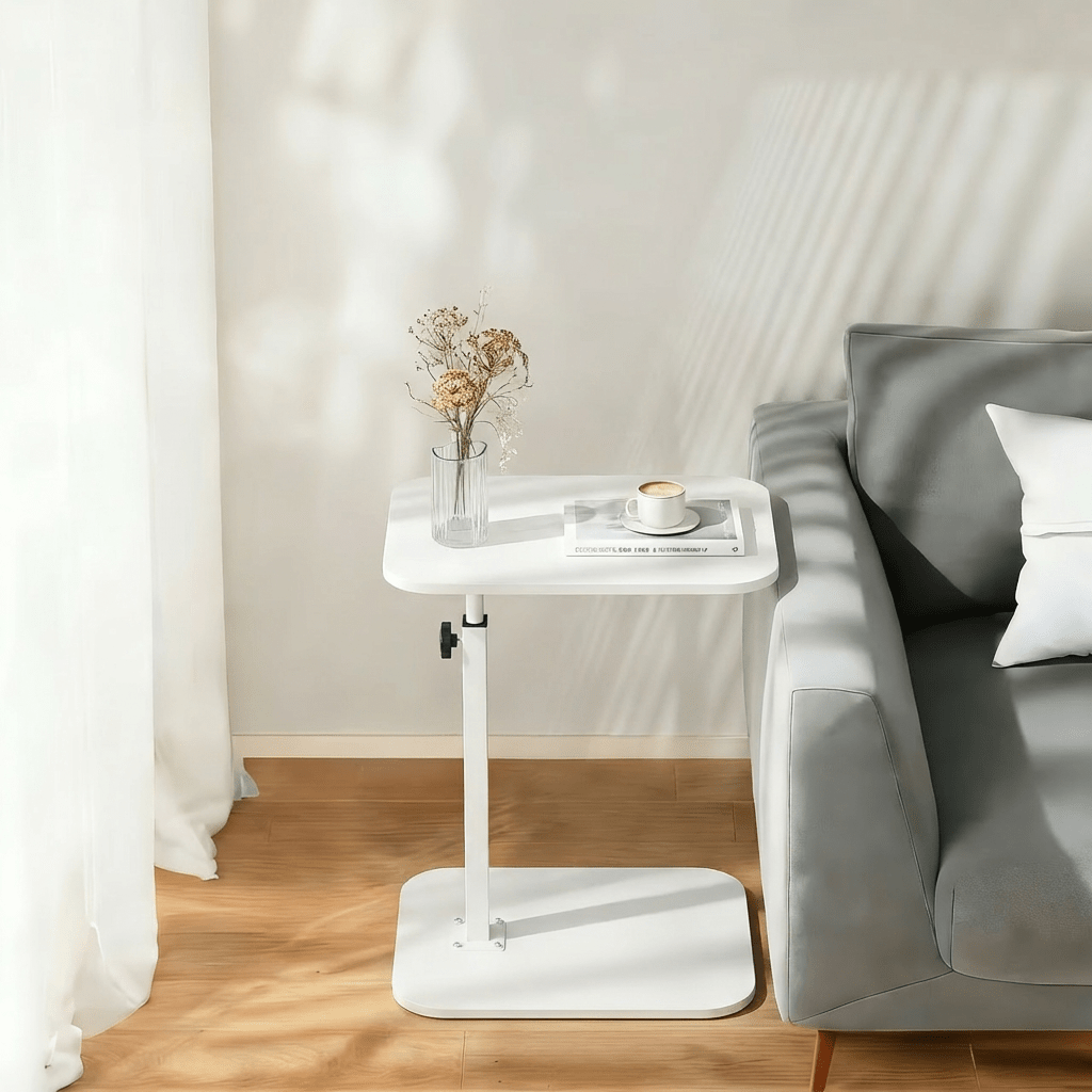 C-Shaped Side Table with Adjustable Height and 360° Rotatable Top – Laptop Sofa Table Coffee Table for Living Room Bedroom in Black White or Brown