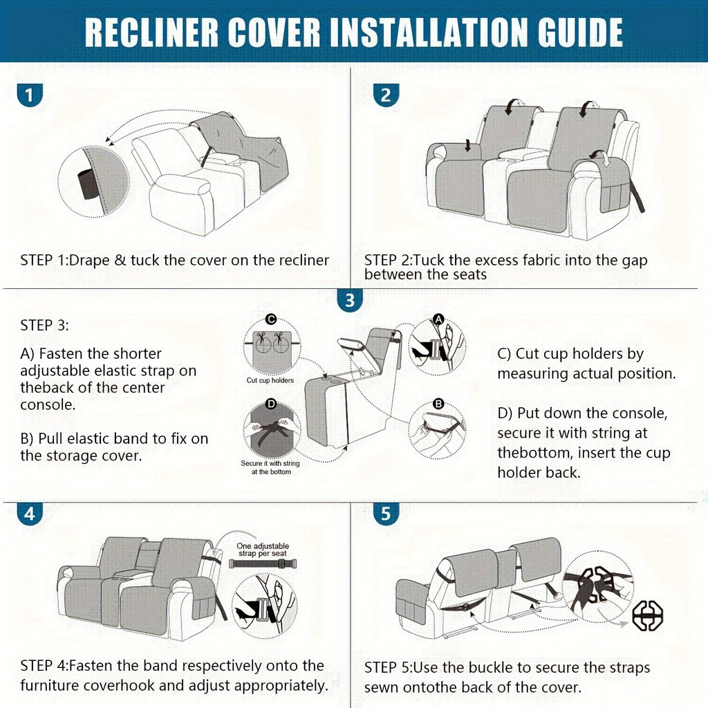 Recliner Loveseat Cover with Console 4-Piece Chenille Quilted Waterproof Slipcover | Non-Slip Pet Scratch Resistant Sofa Protector with Cup Holder Pocket, 9 Colors