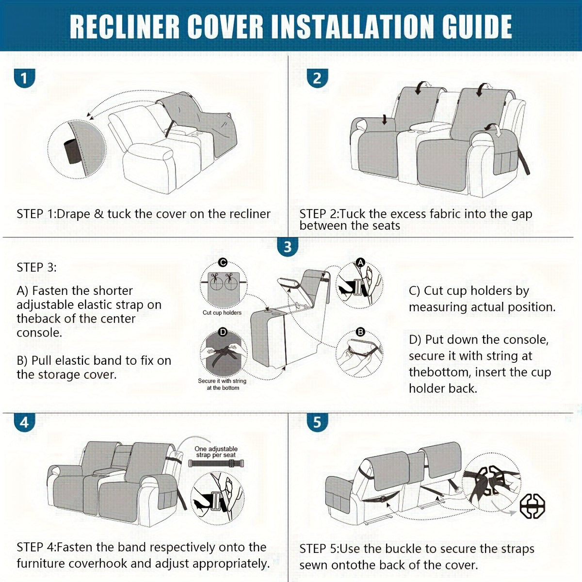 Recliner Loveseat Cover with Console 4-Piece Chenille Quilted Waterproof Slipcover | Non-Slip Pet Scratch Resistant Sofa Protector with Cup Holder Pocket, 9 Colors