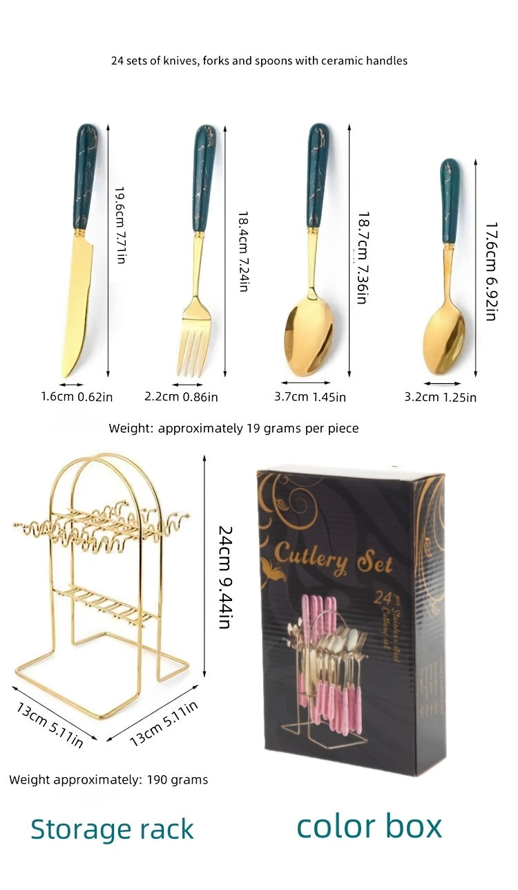 24-Piece Marble Pattern Stainless Steel Flatware Set Western Steak Knife Fork Spoon with Gift Box and Storage Rack