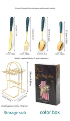 24-Piece Marble Pattern Stainless Steel Flatware Set Western Steak Knife Fork Spoon with Gift Box and Storage Rack