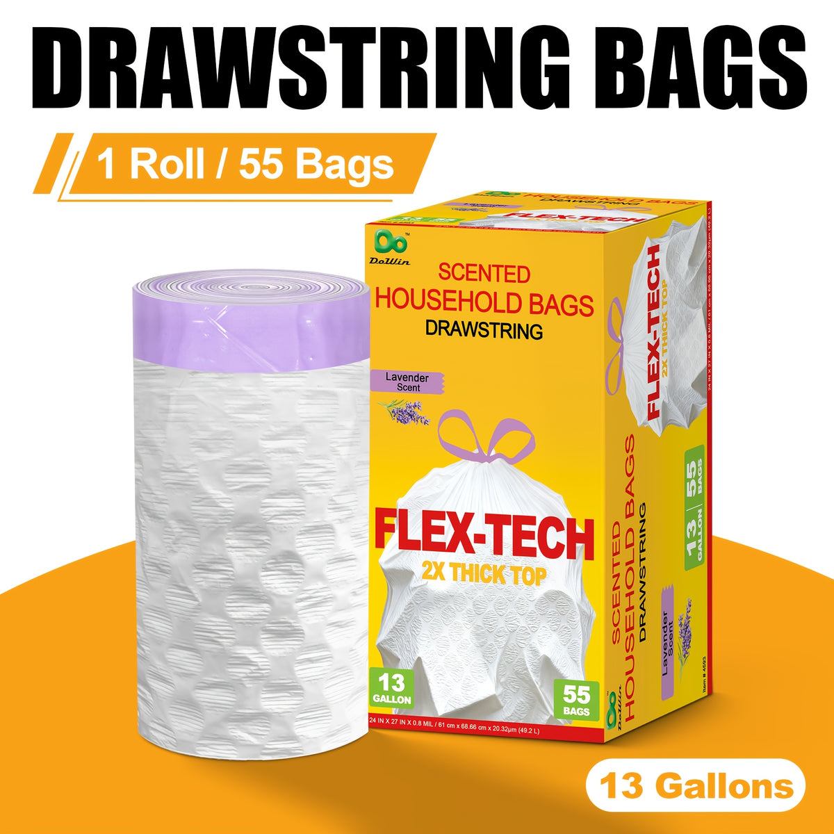 Lavender Scented Trash Bags 13 Gallon 55, 110 or 165 Count – Heavy-Duty Drawstring Garbage Bags, Expandable Leak-Proof Puncture-Resistant, Kitchen & Home Waste Bags White