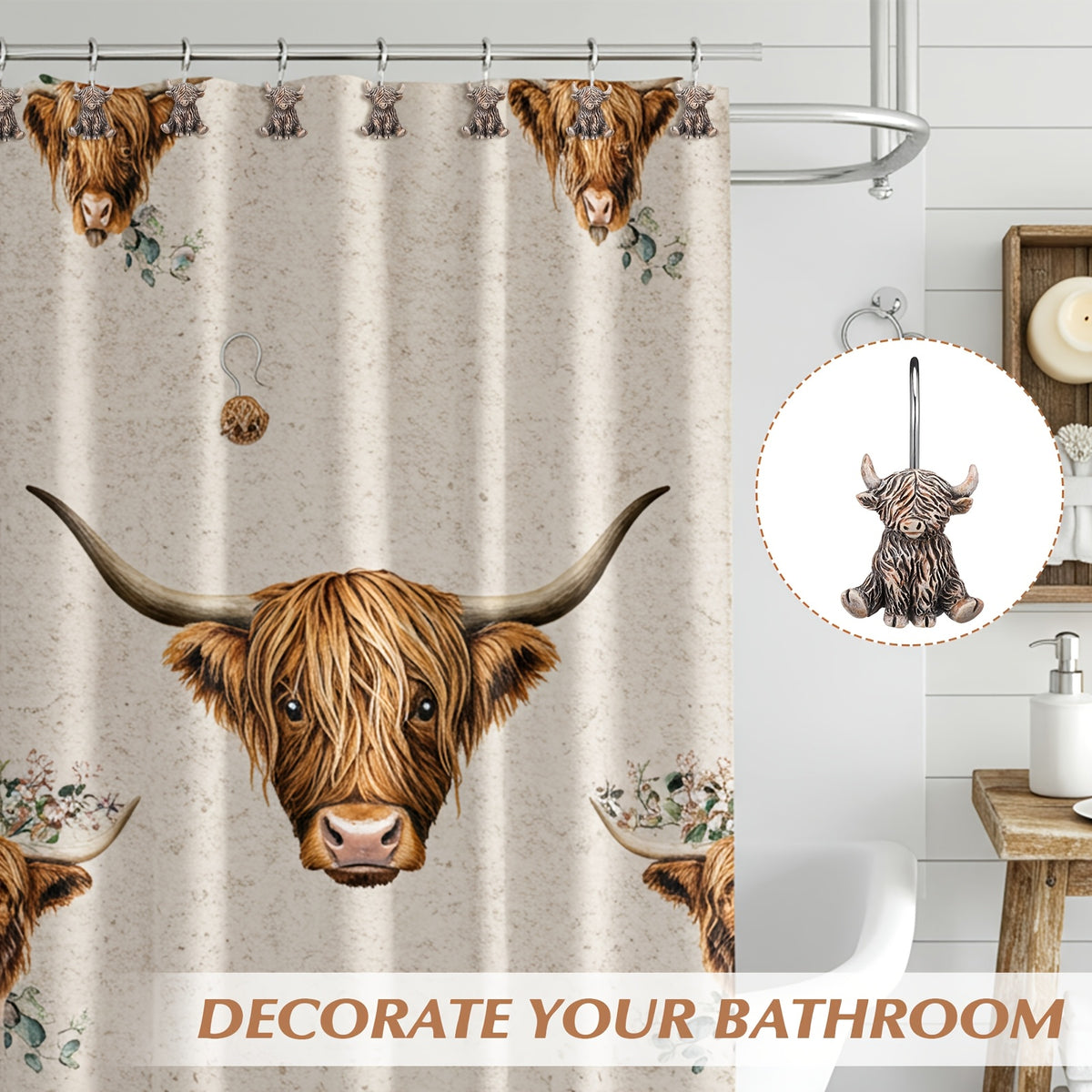 Highland Cow Shower Curtain Hooks 12 Pack - Western Farmhouse Rustic Bathroom Decor, Rust Resistant Metal Rings Hangers, Country Boho Bath Accessories Winter Home Decor