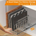 Pots & Pans Organizer Rack for Under Cabinet – 10 Adjustable Dividers, Pull-Out Chrome Steel, for Pot Lids, Cutting Boards & Bakeware, 11” W × 17.5” D × 8.3” H