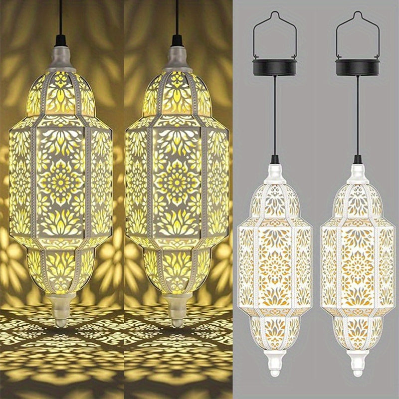Solar Moroccan Lanterns Outdoor Set of 2 – Multicolor IP54 Waterproof Hanging Lights with Cut-Out Design for Garden, Patio, Pathway & Halloween Decor, Auto Dusk-to-Dawn Sensing