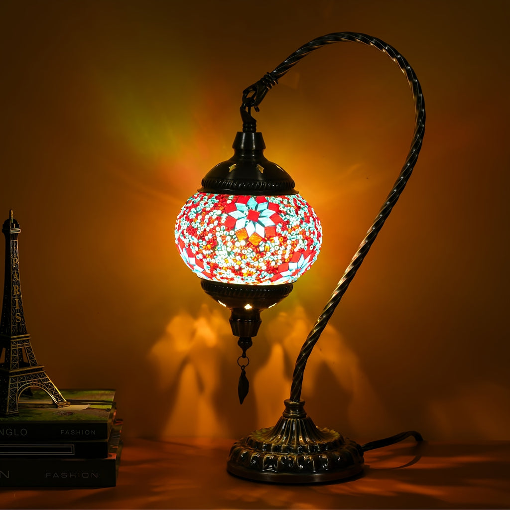 Turkish Mosaic Table Lamp Moroccan Style Handmade Swan Neck Mosaic Glass Bedside Lamp with Metal Base - 3 Color Modes Dimmable LED Bulb Included - Bedroom Living Room Decor Gift