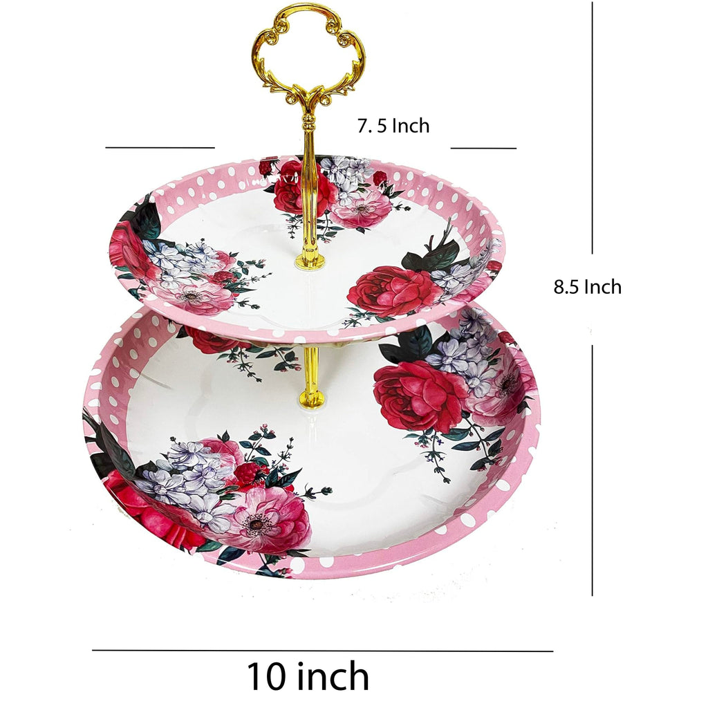 2 Tier Floral Metal Cake Stand Dessert Tower - Vintage Pastry Cupcake Serving Tray for Tea Party, Baby Shower, Birthday & Wedding Table Centerpiece Decoration