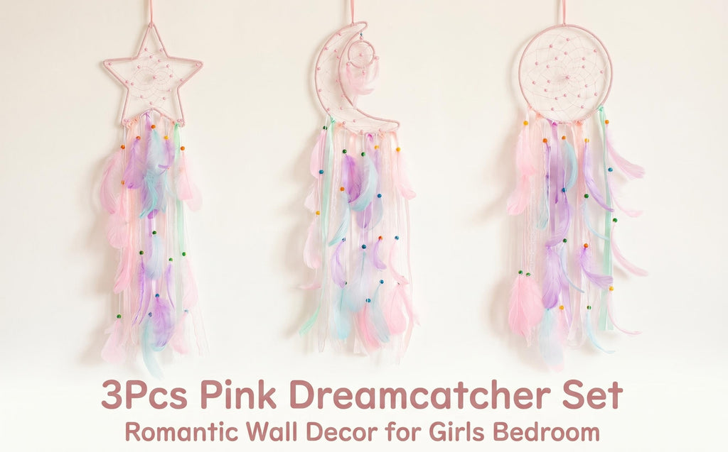 Dream Catcher Wall Decor Set of 3 – Star Moon Sun Boho Room Decor for Teen Girls & Kids Bedroom