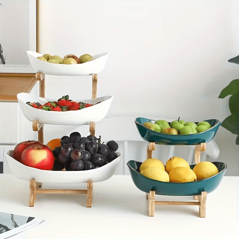 Stackable Tiered Fruit Plate with Wood-Look Design, 2 or 3 Tier Plastic Serving Tray Stand for Snacks, Bread & Fruit, Space-Saving Living Room Kitchen Countertop Organizer, Easy to Assemble