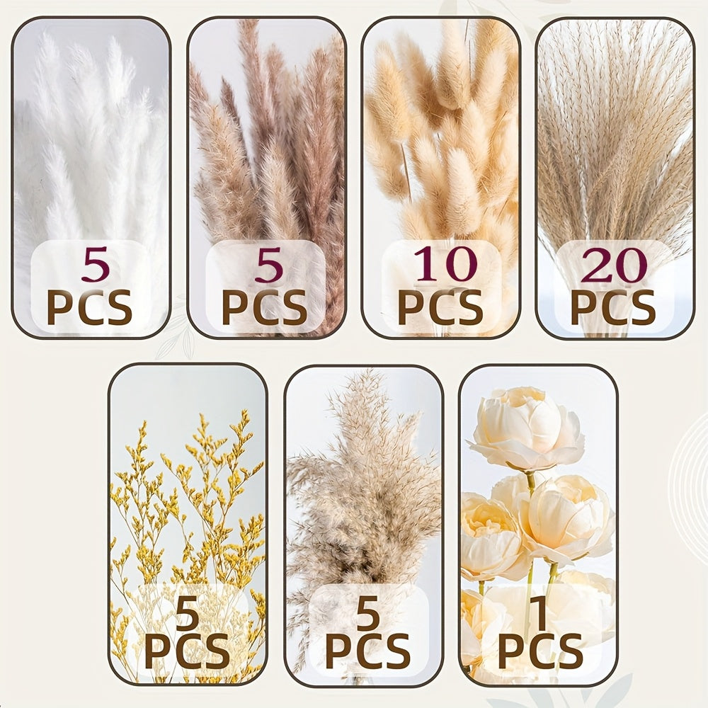 Dried Pampas Grass Bouquet with Artificial White & Beige Roses – 51 or 91 Piece Large Boho Floral Arrangement for Wedding, Home & Farmhouse Centerpiece, Rustic Table Decor (No Vase Included)