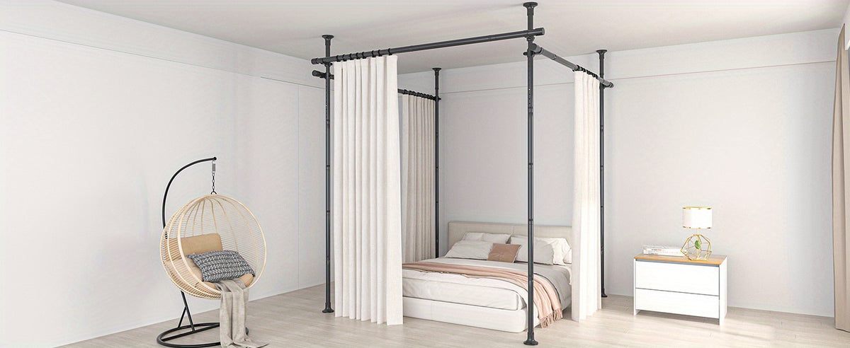 Adjustable Tension Room Divider Curtain Rod – No Drilling, 28–171" Wide, 4–10 ft Floor-to-Ceiling, Heavy Duty, Black & White (Curtains Not Included)