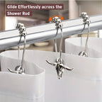 Bull Skull Metal Shower Curtain Hooks – 5-Bead Roller Rings, Smooth Gliding & Rustproof | Durable Decorative Hooks for Shower Curtains & Grommet Curtains