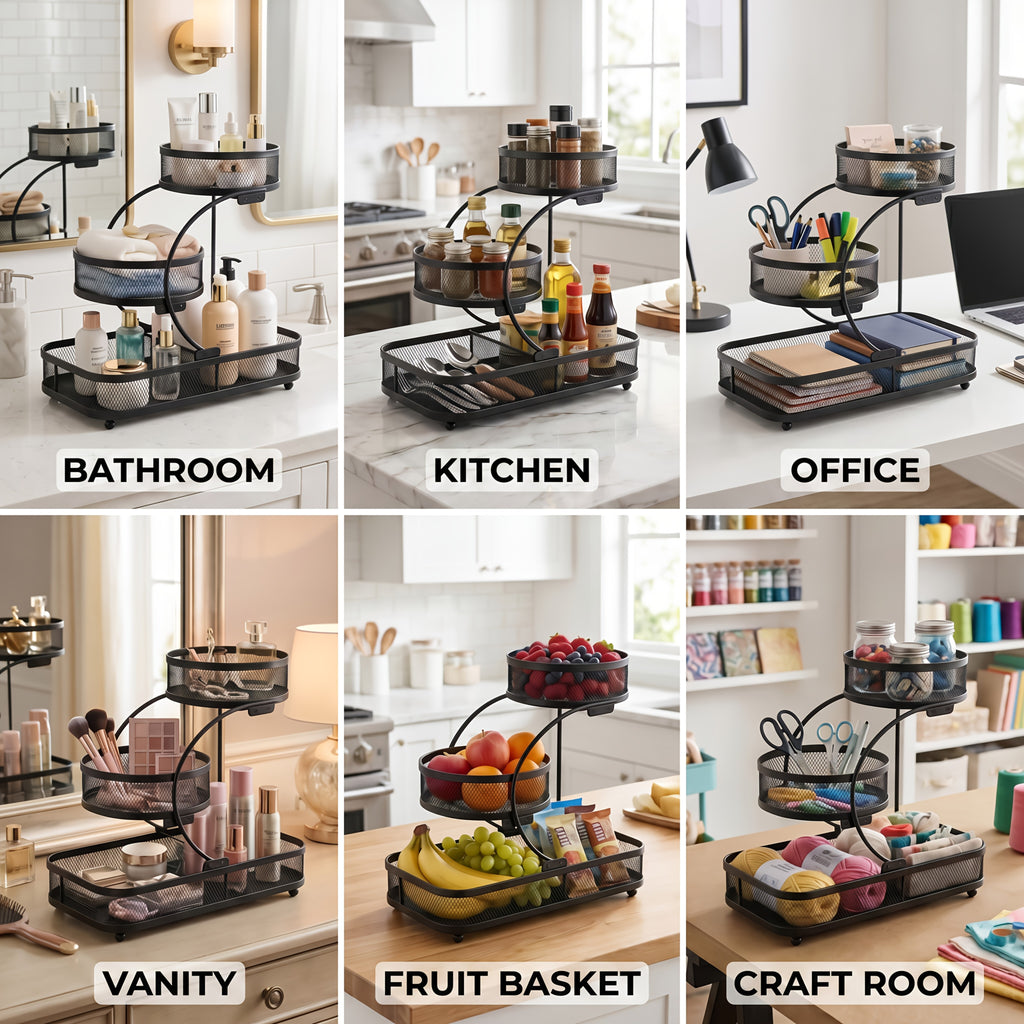 3-Tier Metal Mesh Countertop Storage Rack with Hooks, Space-Saving Organizer for Bathroom & Kitchen – Heavy-Duty Cosmetic, Perfume & Toiletry Display Stand, Black or White, Mini Available