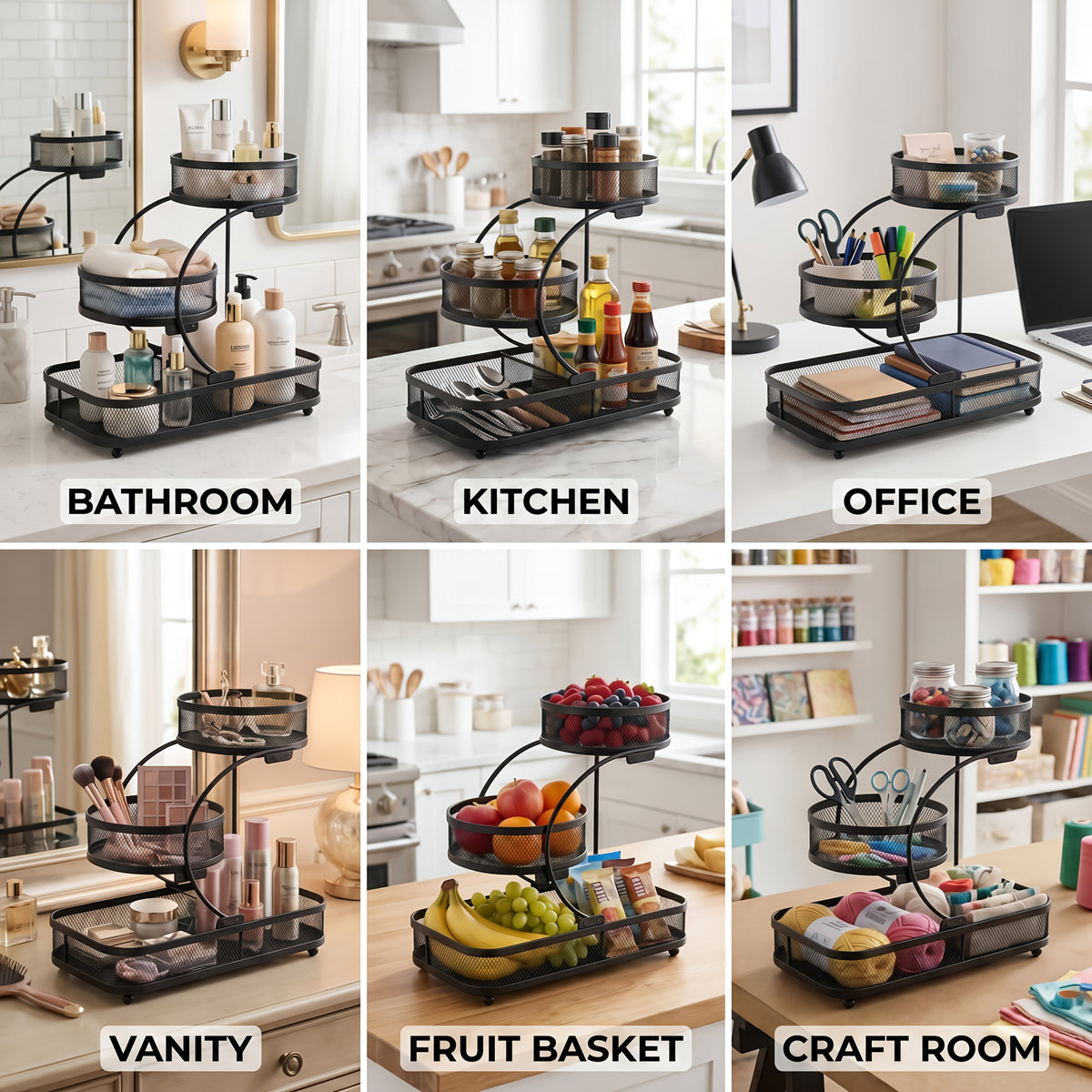 3-Tier Metal Mesh Countertop Storage Rack with Hooks, Space-Saving Organizer for Bathroom & Kitchen – Heavy-Duty Cosmetic, Perfume & Toiletry Display Stand, Black or White, Mini Available