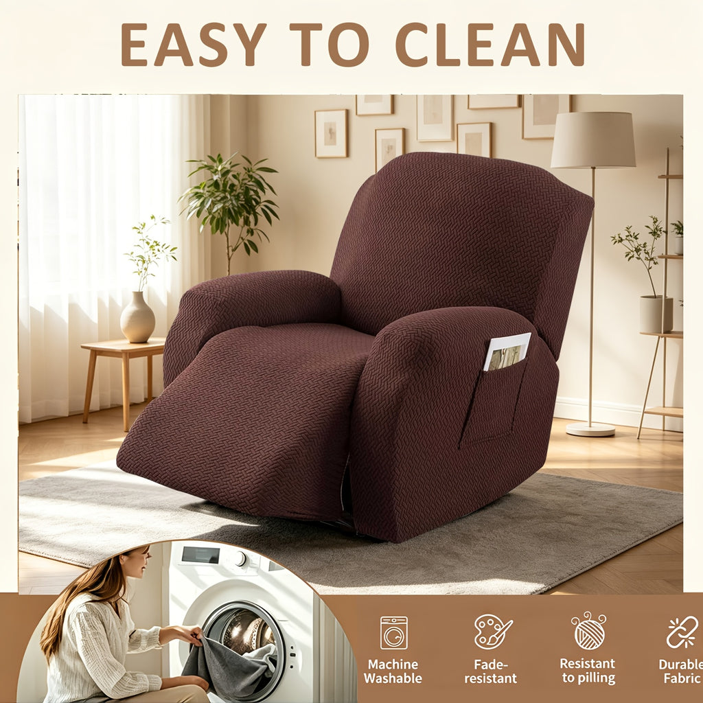 Recliner Sofa Cover 4pcs Set Jacquard Velvet High Elastic with Pocket – Removable Washable Chair & Sofa Protection Cover for Home Hotel, 7 Colors