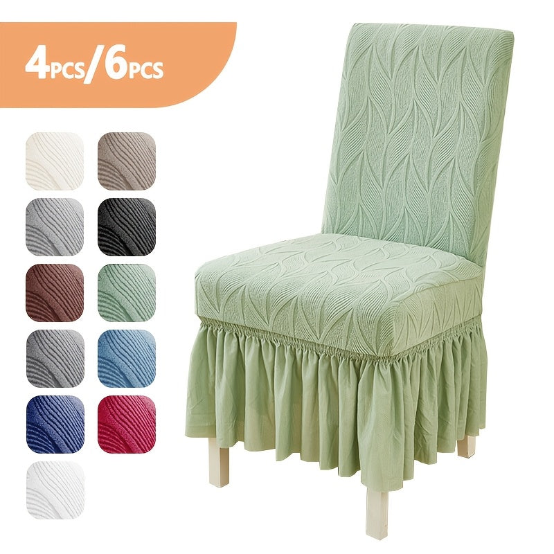 Jacquard Leaf Stretch Dining Chair Covers with Skirt 4 or 6 Pack, Universal Removable Parsons Chair Slipcovers for Dining Room Kitchen Wedding Party Banquet