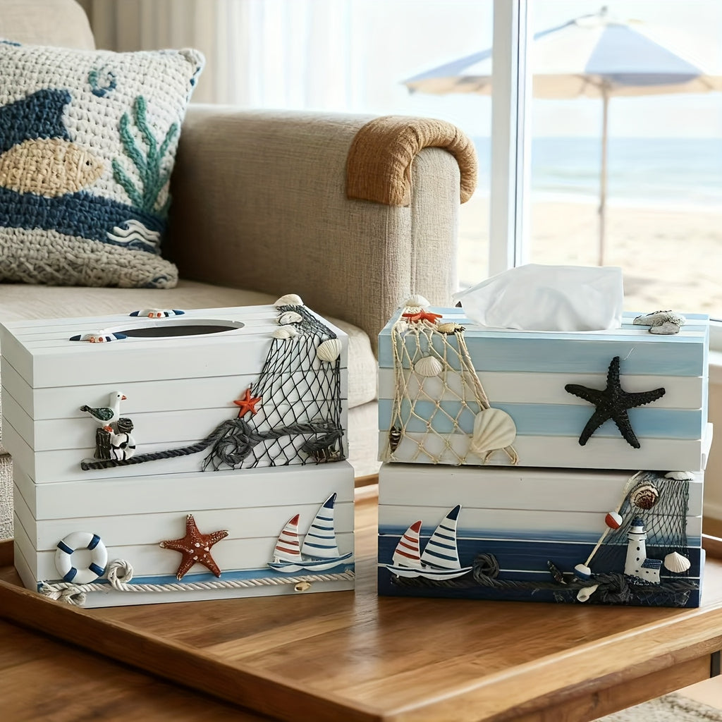 Nautical Tissue Box Cover Coastal Decor - Decorative Wood Tissue Dispenser with Rope & Sailboat Detail, Beach Theme Tissue Holder for Living Room, Bathroom & Office, Mediterranean Style Home Accent