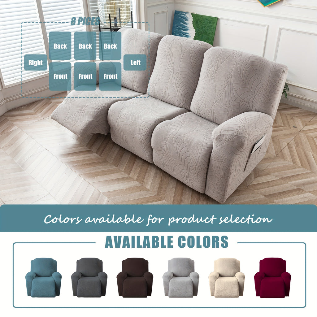 Leaf Texture Jacquard Stretch Recliner Slipcover Set 8pcs Non-Slip Removable Washable Recliner Chair Cover Living Room Hotel Office Home Decor 3 Colors