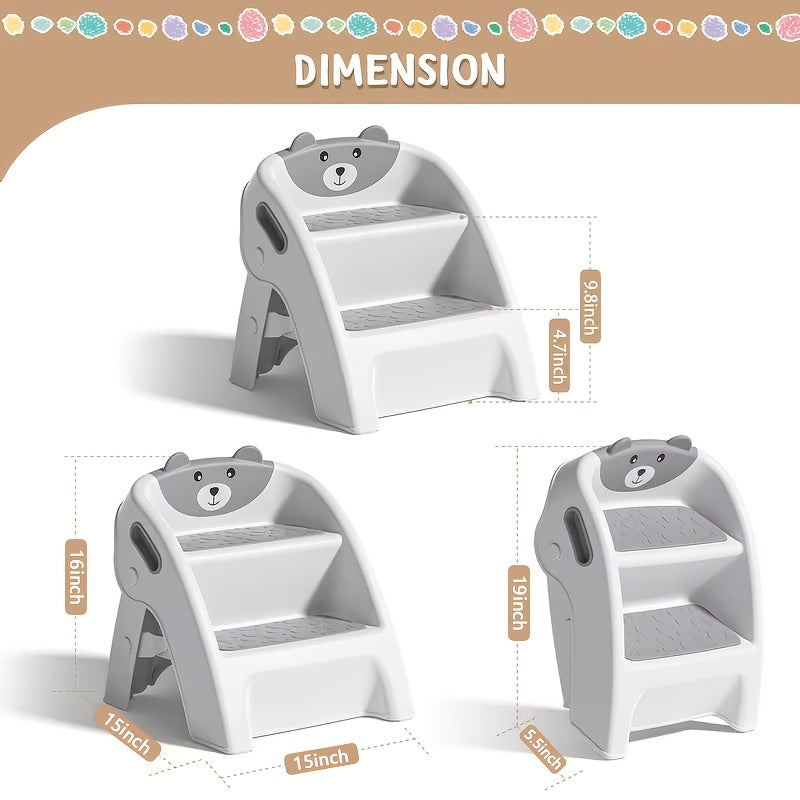Foldable Kids Step Stool 2-Step with Non-Slip Design & Handle – Multipurpose Toddler Step Stool for Bathroom Sink, Kitchen Counter, Bedroom, Grey Pink Blue