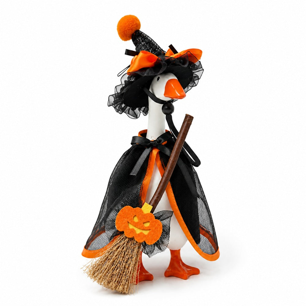 Witch Goose Dress-Up Set 4 Piece – 7-Inch Halloween Goose Statue Costume with Black Mesh Cape, Hat, Lining & Pumpkin Broom | Tabletop Goose Decor Outfit for Indoor & Porch Decoration