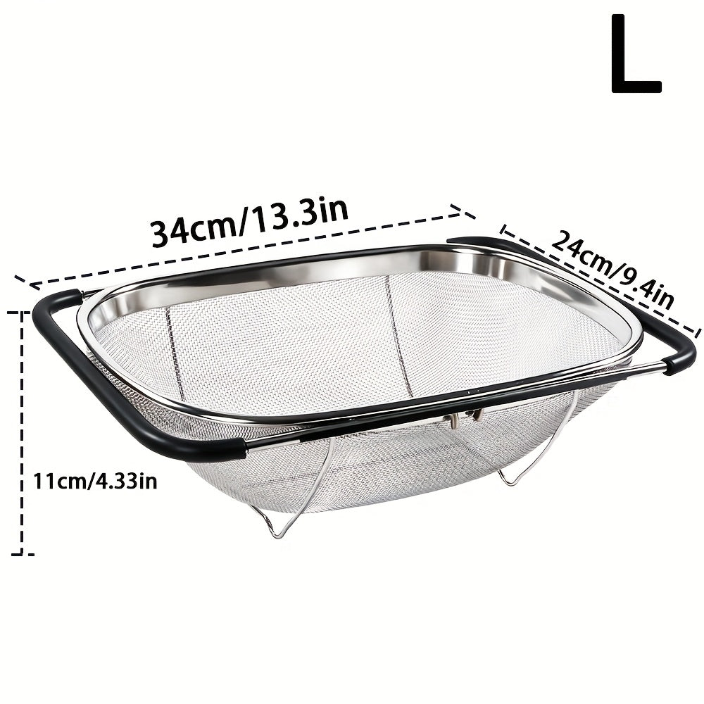 Expandable Over-the-Sink Stainless Steel Colander Strainer Basket – Fine Mesh with Rubber Grip for Draining Vegetables, Fruits & Pasta, Adjustable Sink Strainer, Small or Large
