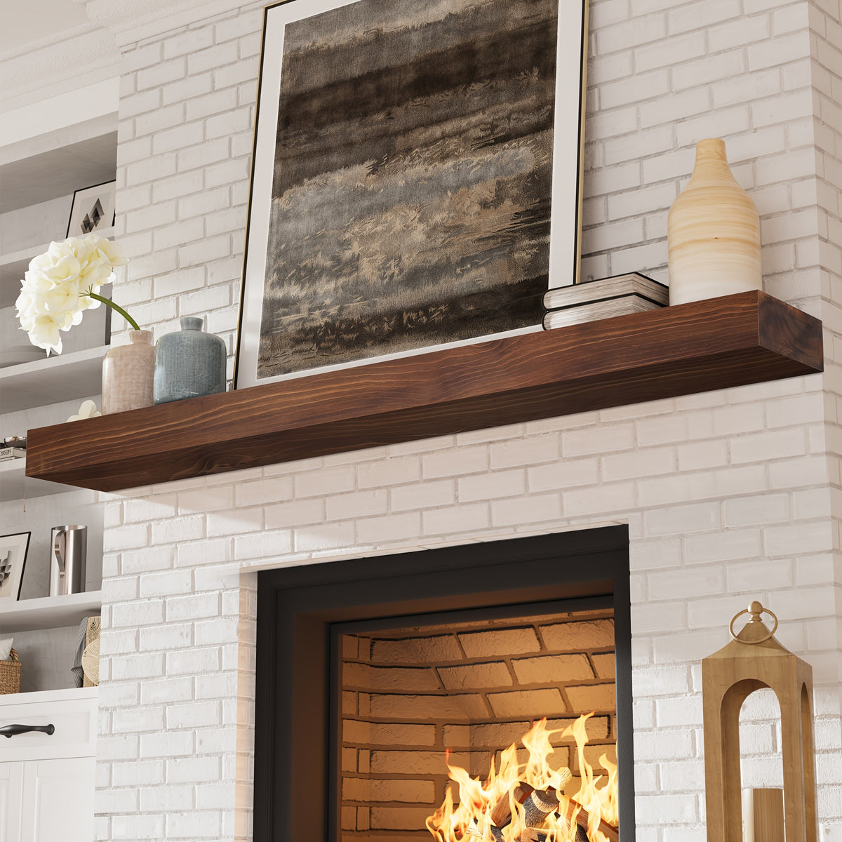 Wood Fireplace Mantel Floating Shelf – Heavy Duty Invisible Bracket | Wall Mounted Mantel for Over Fireplace | 5 Colors, 2 Lengths