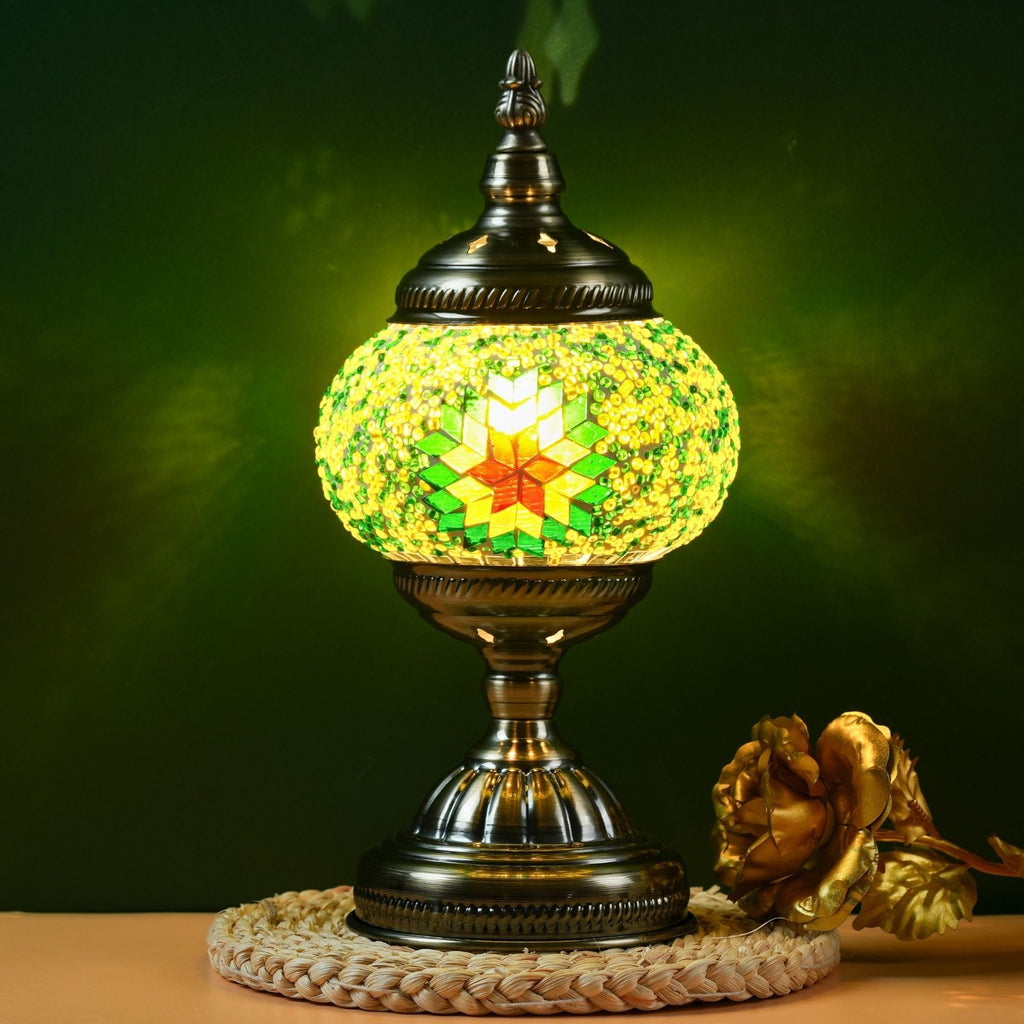 Handmade Turkish Mosaic Table Lamp 3-Color Dimming Glass Bedside Lamp with Metal Base - USB Powered Boho Decorative Light for Bedroom Living Room - Bulb Included, Ready to Use
