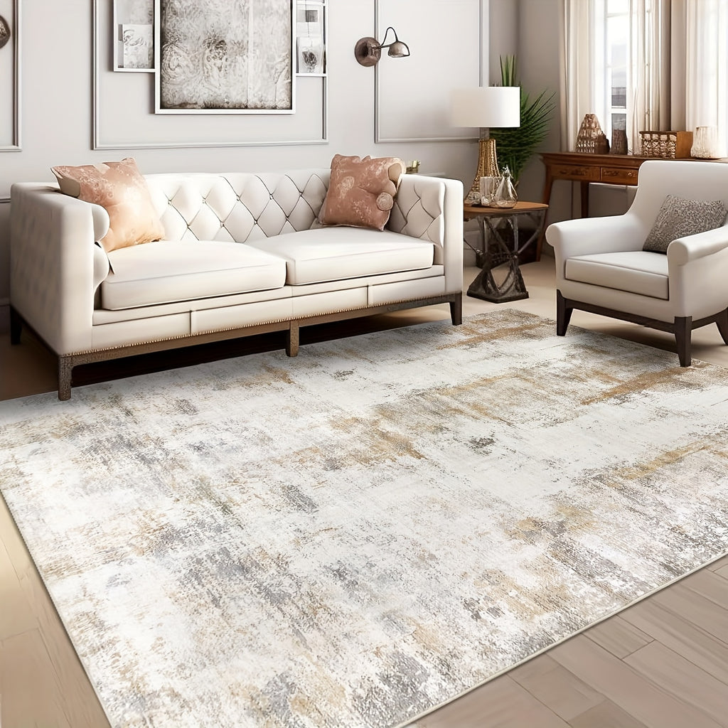 Modern Abstract Area Rug – Non-Slip Rubber Backing Washable Low Pile Rug for Bedroom Kitchen Entryway Dorm | Beige & Camel, 3 Sizes