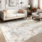 Modern Abstract Area Rug – Non-Slip Rubber Backing Washable Low Pile Rug for Bedroom Kitchen Entryway Dorm | Beige & Camel, 3 Sizes