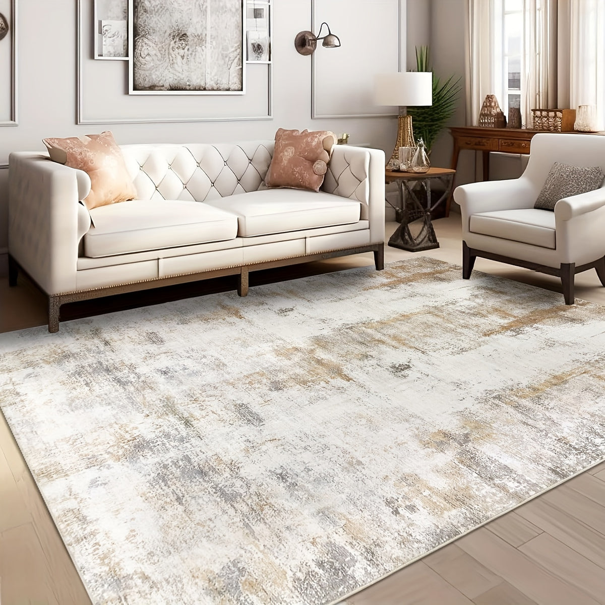Modern Abstract Area Rug – Non-Slip Rubber Backing Washable Low Pile Rug for Bedroom Kitchen Entryway Dorm | Beige & Camel, 3 Sizes