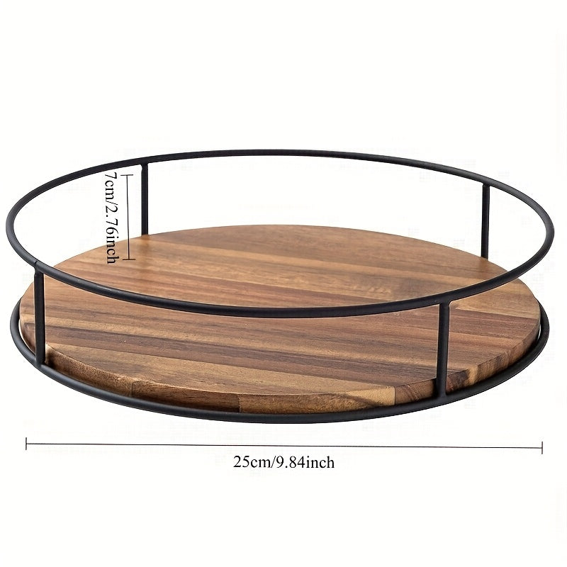 Lazy Susan Turntable 9 Inch Set of 2 - Rustic Brown Wood with Steel Frame, 360° Rotating Organizer for Kitchen Countertop, Cabinet, Dining Table Centerpiece, Spice Rack & Pantry Storage