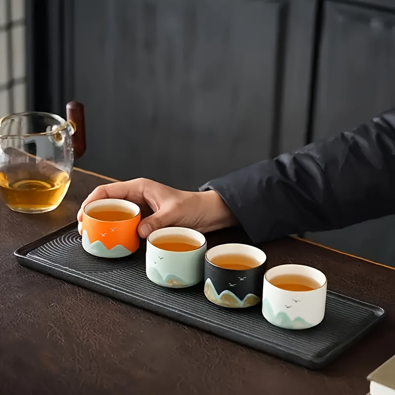 Chinese Landscape Painting Tea Cup Set of 4 – Kung Fu Tea Cups with Gift Box, Artistic Ceramic Teacups for Ceremony, Father’s Day & Holiday Gifting