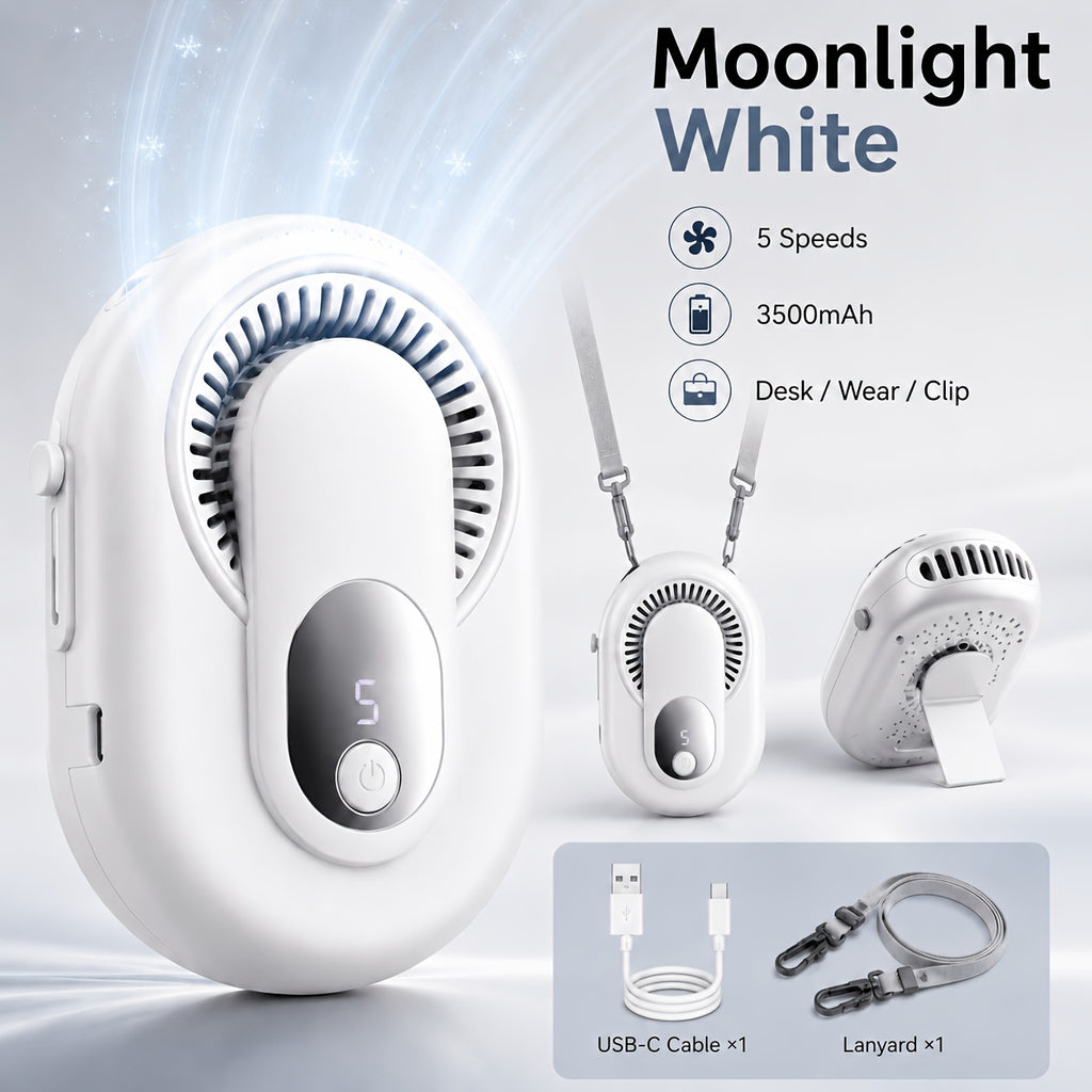 3-in-1 Portable Waist Fan USB-C Rechargeable 3500mAh – Wearable Neck Fan with Lanyard, Clip & Desk Stand, 5-Speed Hands-Free Personal Cooling Fan for Travel, Outdoor, Work & Gym