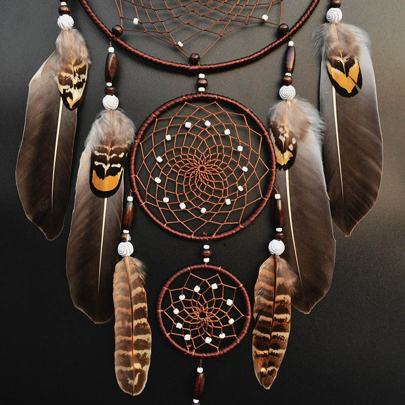 Handmade Feather Rattan Wind Chime Wall Hanging Boho Eclectic Bedroom Decor Dream Catcher Festival Gift Brown Rainbow