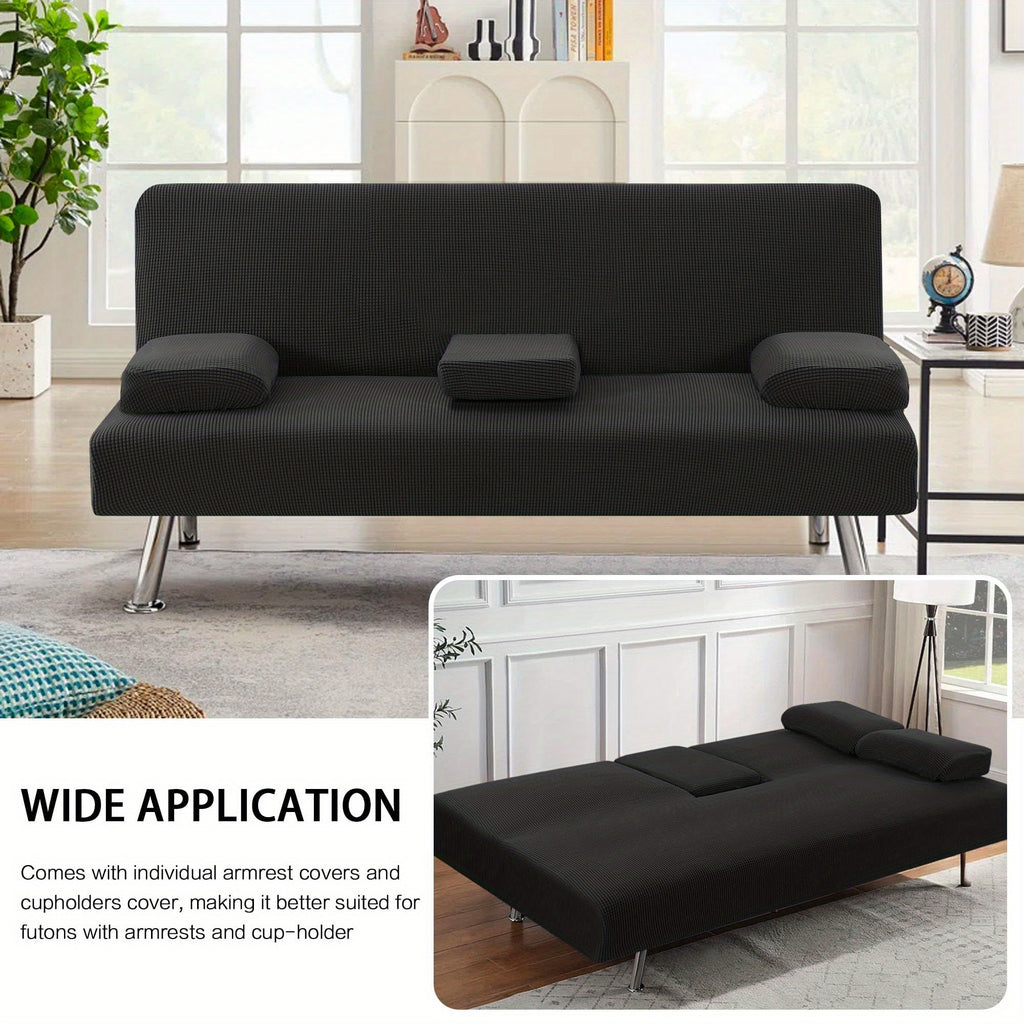 Sofa Cover 4-Piece Stretch Futon Slipcover Set with Removable Armrest & Cupholder Covers – Spandex Jacquard Furniture Protector, Black & Navy