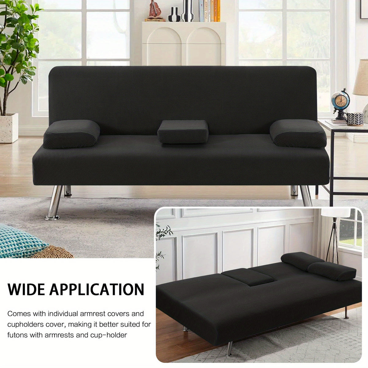 Sofa Cover 4-Piece Stretch Futon Slipcover Set with Removable Armrest & Cupholder Covers – Spandex Jacquard Furniture Protector, Black & Navy