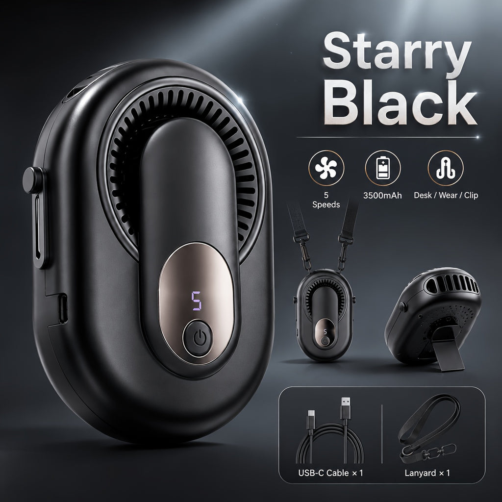 3-in-1 Portable Waist Fan USB-C Rechargeable 3500mAh – Wearable Neck Fan with Lanyard, Clip & Desk Stand, 5-Speed Hands-Free Personal Cooling Fan for Travel, Outdoor, Work & Gym