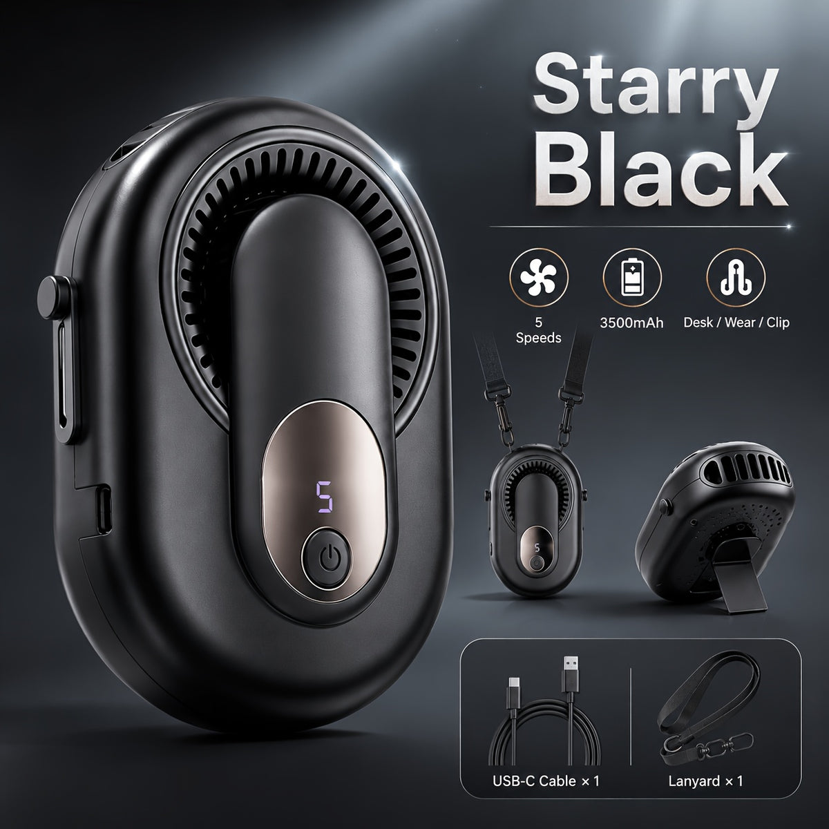 3-in-1 Portable Waist Fan USB-C Rechargeable 3500mAh – Wearable Neck Fan with Lanyard, Clip & Desk Stand, 5-Speed Hands-Free Personal Cooling Fan for Travel, Outdoor, Work & Gym