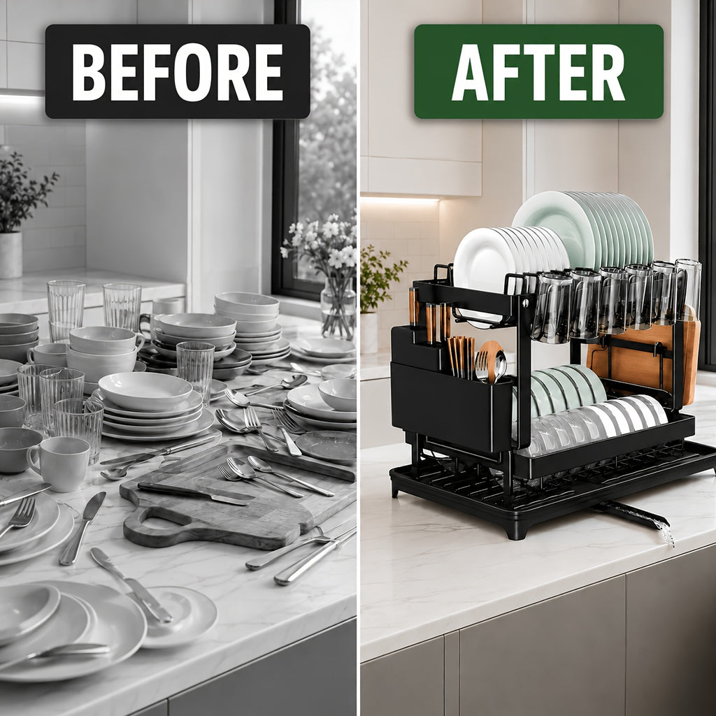 2-Tier Dish Drying Rack with Drainboard – Black Metal Two-Level Dish Drainer with Drainage for Kitchen Counter, Standing Dish Holder Organizer Shelf for Plates, Cups & Utensils