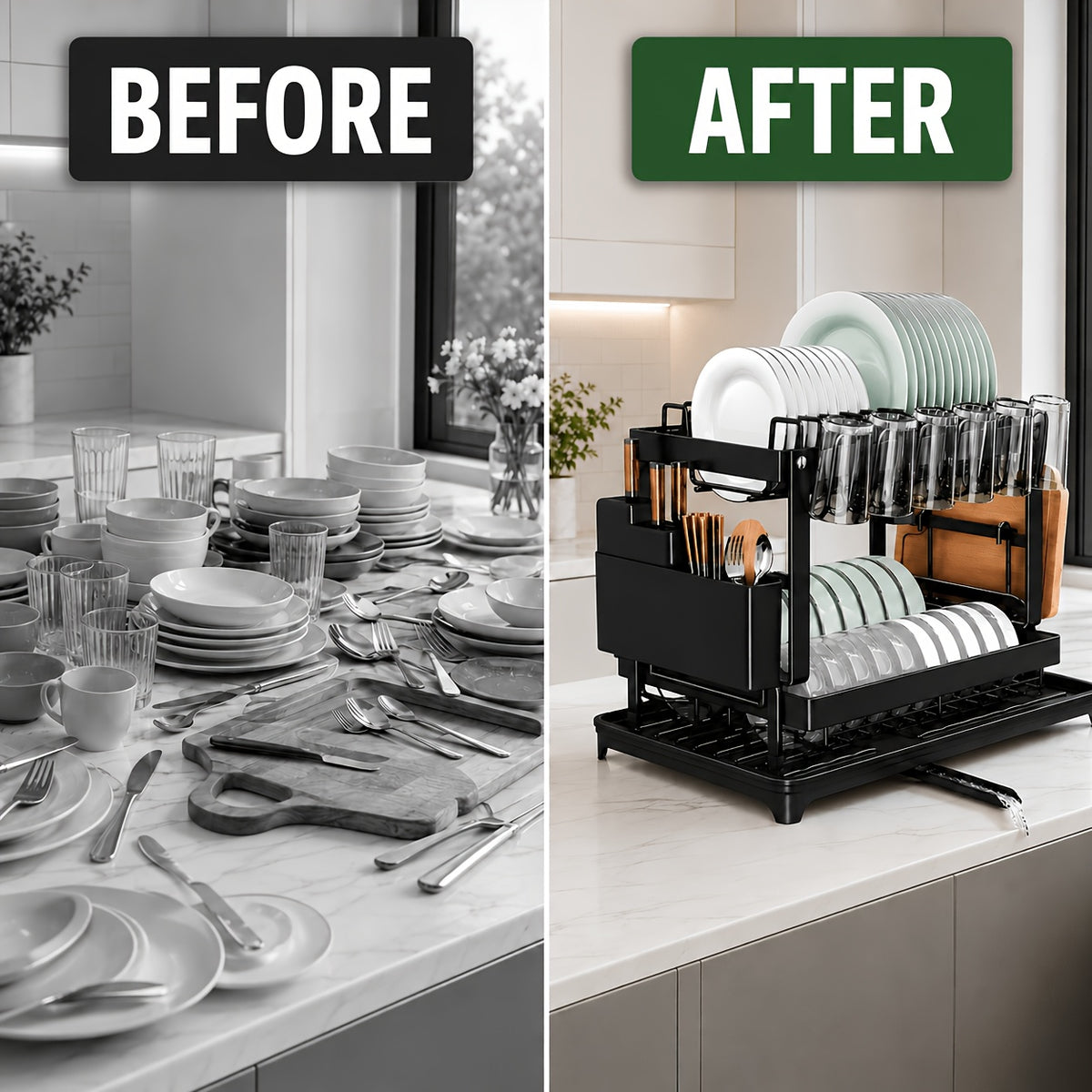 2-Tier Dish Drying Rack with Drainboard – Black Metal Two-Level Dish Drainer with Drainage for Kitchen Counter, Standing Dish Holder Organizer Shelf for Plates, Cups & Utensils