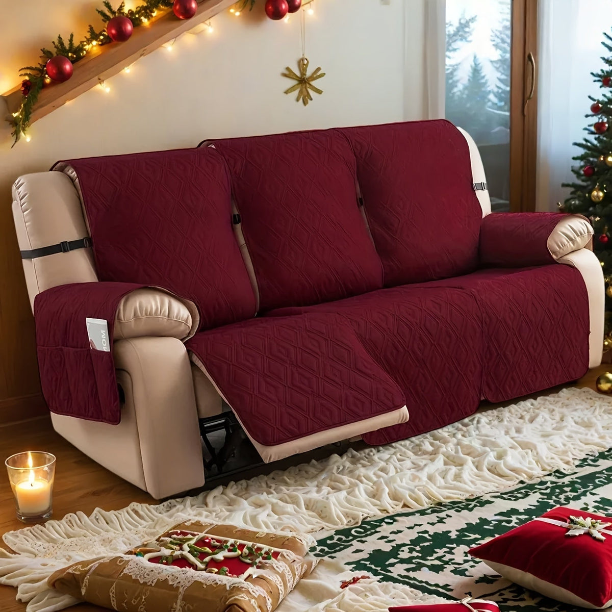Recliner Sofa Cover Set 3-Piece Non-Slip Couch Covers for 3-Cushion Reclining Couch – Washable Furniture Protector with Elastic Straps for Pets & Dogs, Knit Fabric Slipcover for Living Room