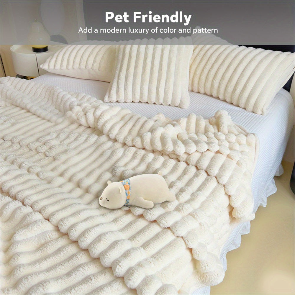 Luxury Faux Rabbit Hair Blanket – Soft Warm Wide Stripe Double-Sided Throw | Machine Washable | Twin, Full, Queen & King | Khaki, Cream, Gray, Black