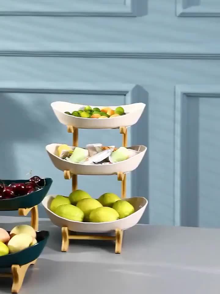 Stackable Tiered Fruit Plate with Wood-Look Design, 2 or 3 Tier Plastic Serving Tray Stand for Snacks, Bread & Fruit, Space-Saving Living Room Kitchen Countertop Organizer, Easy to Assemble