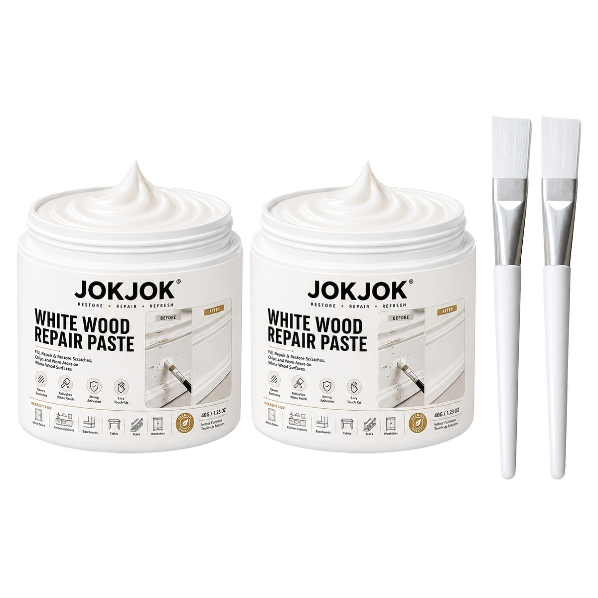 White Wood Repair Paste Kit with Paint Brush – Touch-Up Filler for Baseboards, Cabinets, Doors, Furniture & Wall Trim | Covers Scratches, Chips, Scuffs & Faded Spots | 2 or 3 Piece Set