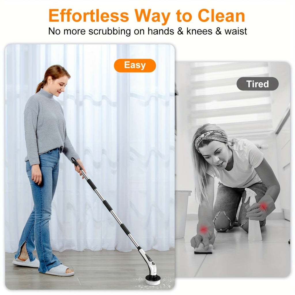 PRASKY Electric Spin Scrubber IPX8 Waterproof with LED Display – 9 Brush Heads, Adjustable 10–54" Handle, 2 Speeds, 90-Min Cordless Power Scrubber for Bathroom, Shower, Tile & Floor