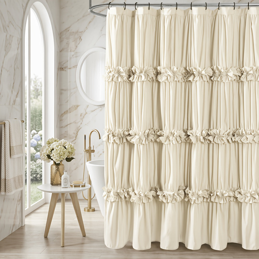 Bow Tie Ruffle Shower Curtain Vintage Handcrafted - Waterfall Ruched Fabric Bath Curtain with Hooks, Quick Dry Machine Washable, Farmhouse Romantic Decor, Multiple Sizes & Colors