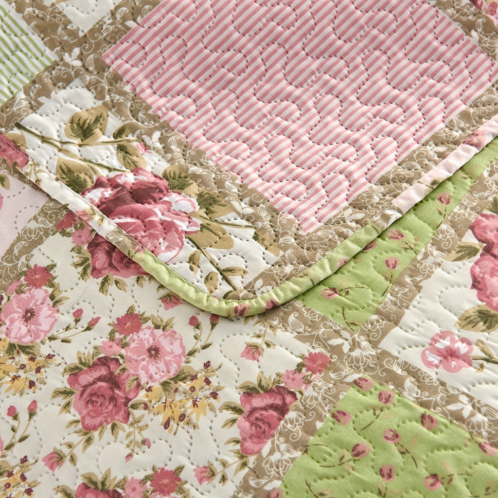Patchwork Quilt Set 3-Piece Boho Reversible Coverlet Queen King Size Soft Lightweight Bedspread with 2 Pillow Shams All-Season Floral Stripes Bedroom Decor